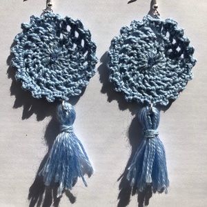 Baby blue doily tassel crotchet earrings